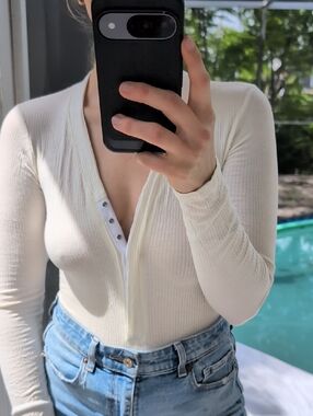 Ribbed Long-Sleeve Snap-Front Bodysuit in Cream